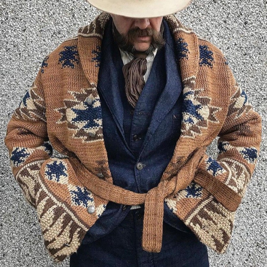 Men'S Favoshape | Men'S Hand-Knit Ranch Shawl Button-Up Cardigan Vintage Aztec Knitwear With Belt Brown