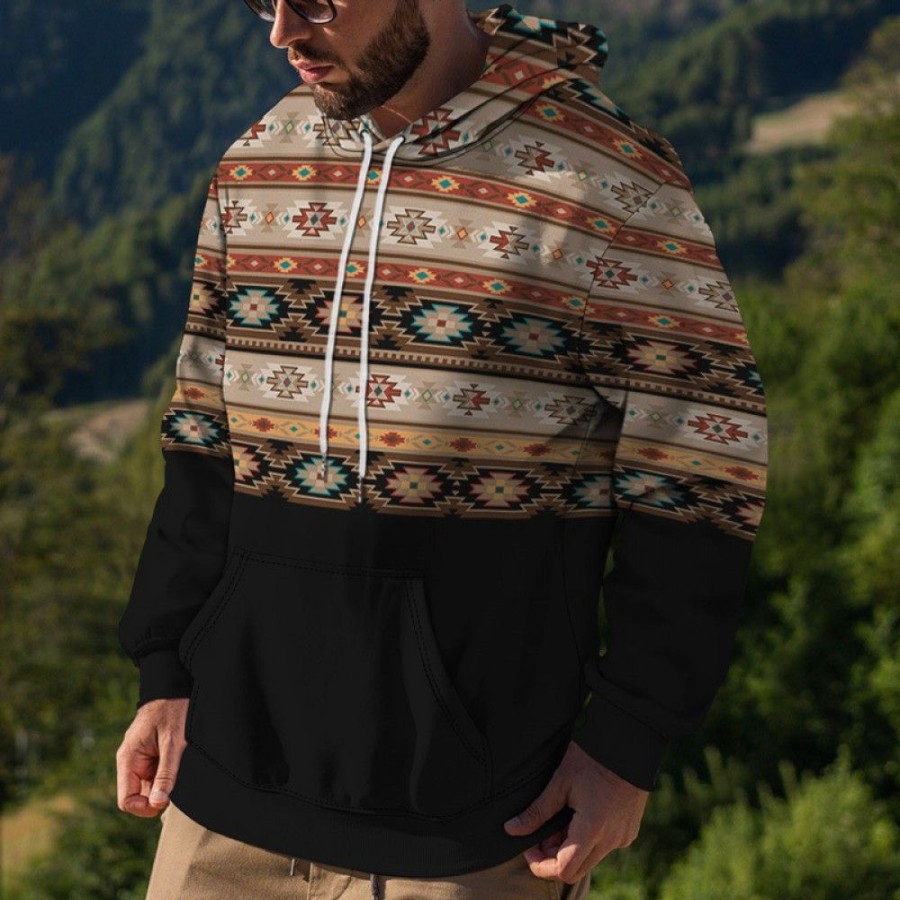 Men'S Favoshape | Men'S 3D Printed Cowboy Aztec Pattern Drawstring Hoodie Black