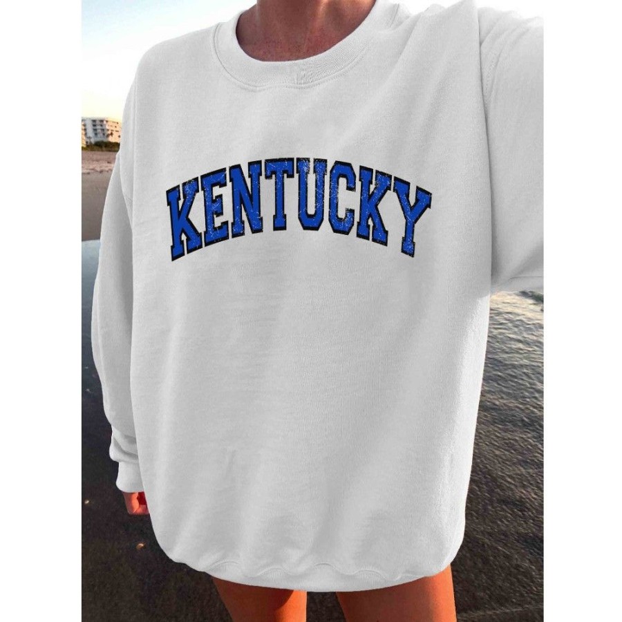 Women'S Favoshape | Women'S Oversized Kentucky Crew Neck Sweatshirt White