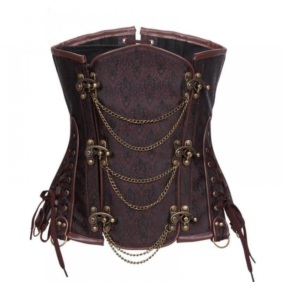 Corsets Favoshape | Women'S Steampunk Steel Boned Underbust Corset With Chain & Embroidered Brown