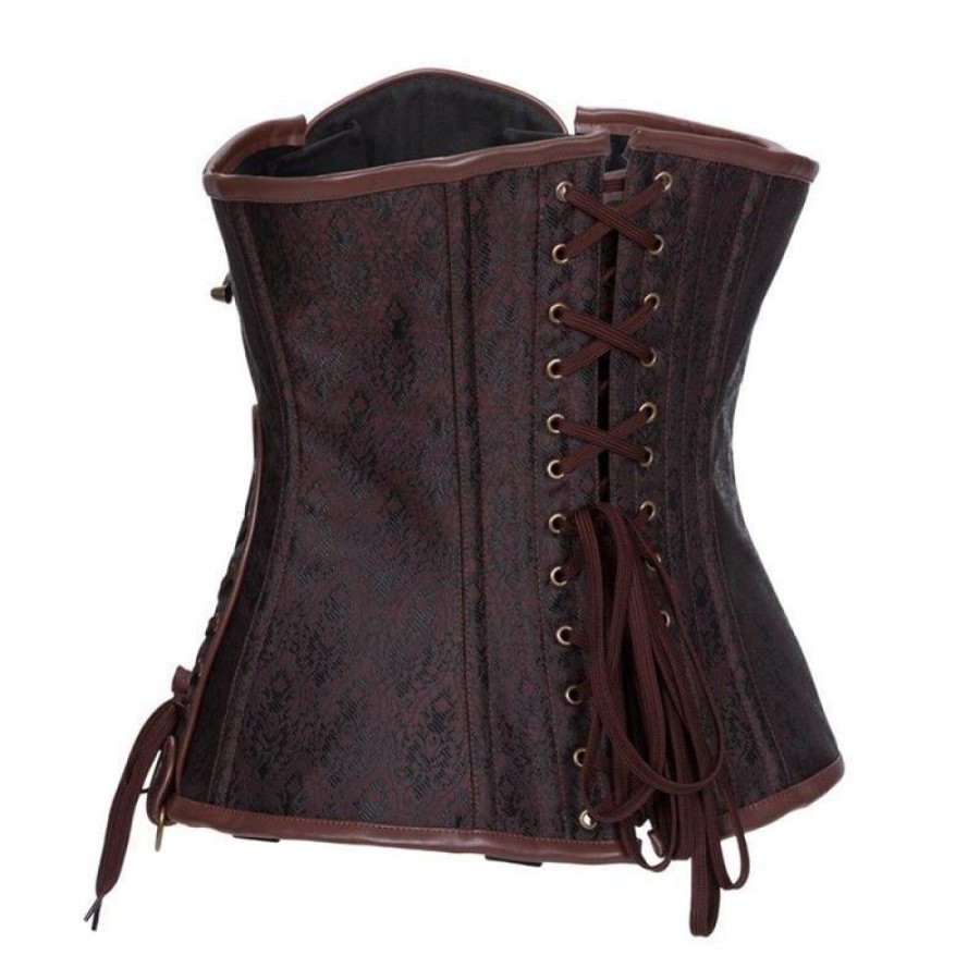 Corsets Favoshape | Women'S Steampunk Steel Boned Underbust Corset With Chain & Embroidered Brown