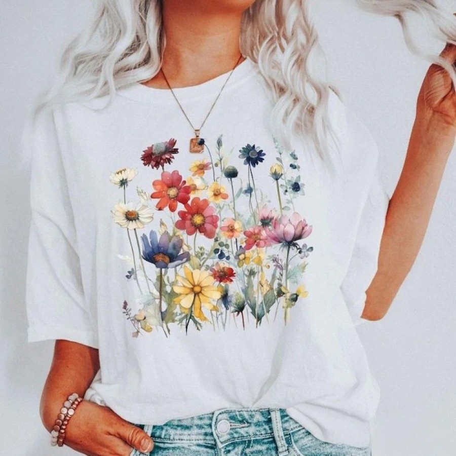 Women'S Favoshape | Women'S Watercolor Wildflower Graphic Round Neck T-Shirt White