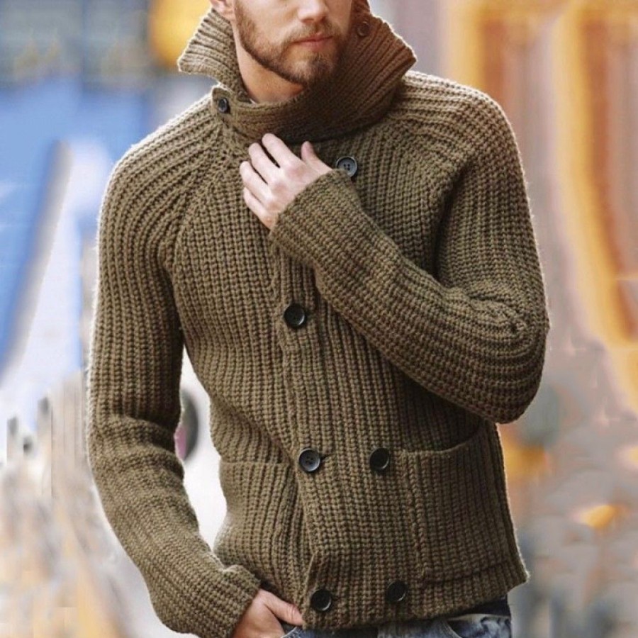 Men'S Favoshape | Men'S Double Breasted Turtleneck Cable Knitted Cardigan Jacket Khaki