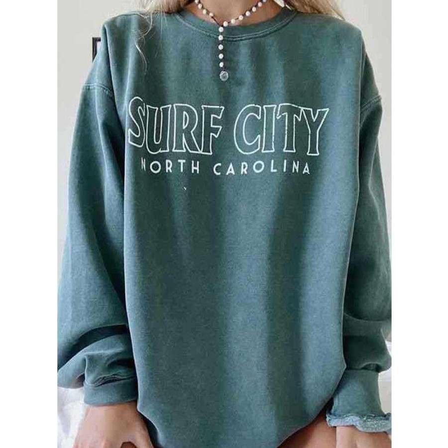 Women'S Favoshape | Women'S Surf City North Carolina Relaxed Fit Crewneck Sweatshirt Green