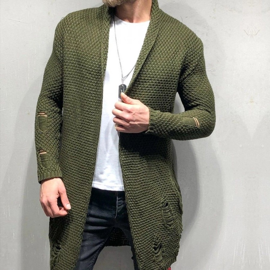 Men'S Favoshape | Men'S Distressed Open Front Waffle Knit Lapel Cardigan