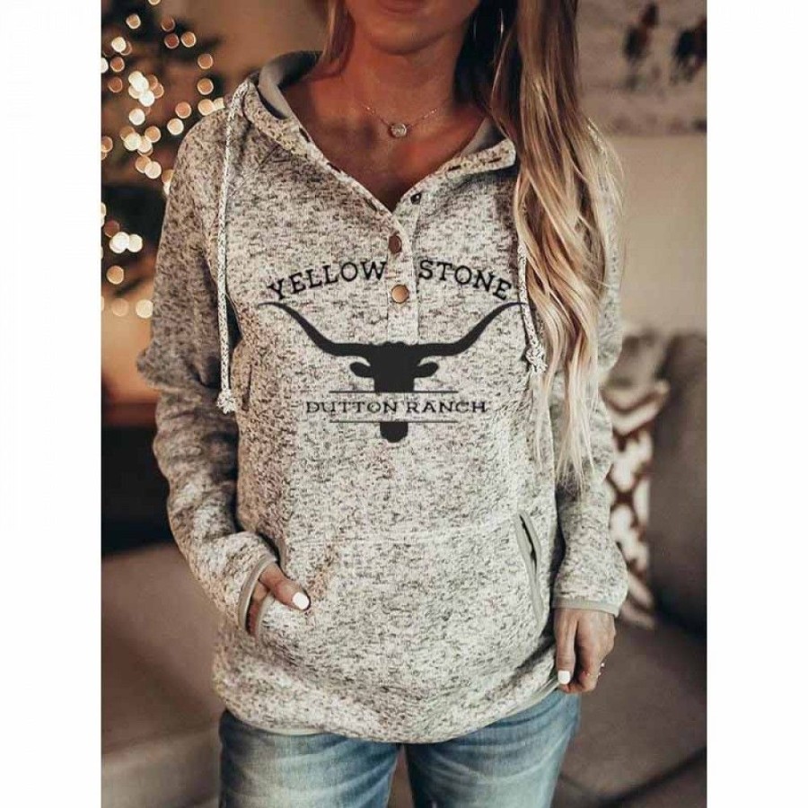 Women'S Favoshape | Women'S Yellowstone Dutton Ranch Bullhead Cowgirl Hoodie Grey