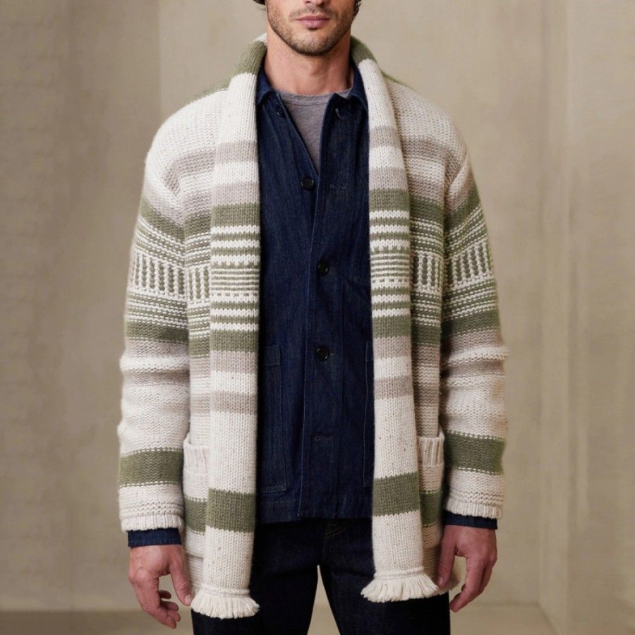 Men'S Favoshape | Men'S Vintage Stripes Shawl Collar Cashmere Knitted Cardigan White