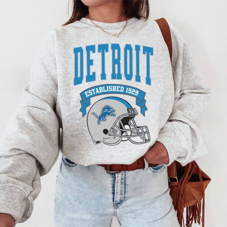 Women'S Favoshape | Women'S Detroit Football Season Crewneck Sweatshirt Gray