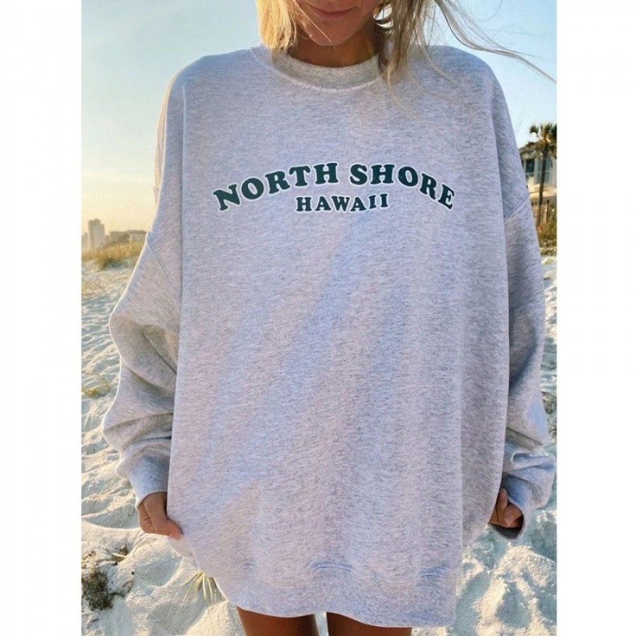 Women'S Favoshape | Women'S Oversized North Shore Hawaii Crewneck Sweatshirt Grey