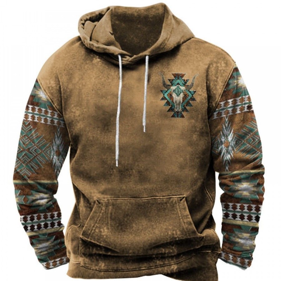 Men'S Favoshape | Men'S Western Cowboy Geometric Printed Pullover Hoodie Khaki