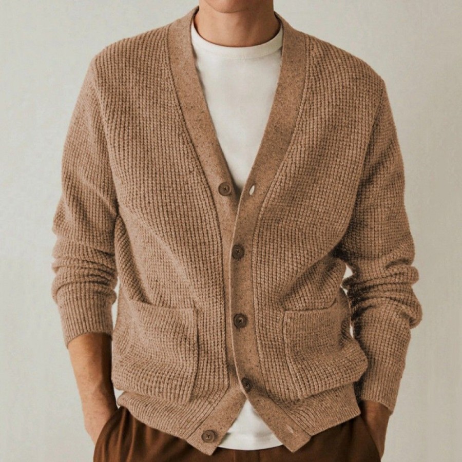 Men'S Favoshape | Men'S Camel Button-Up Shawl Neck Wool Cardigan Sweater Brown