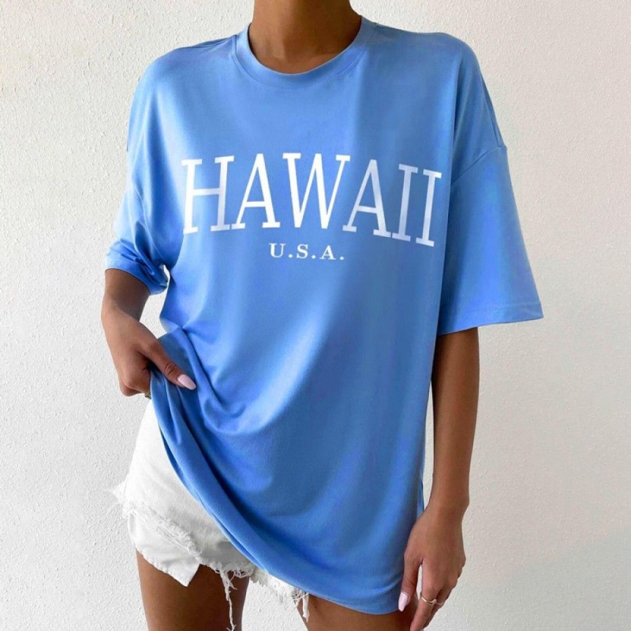 Women'S Favoshape | Women'S Hawaii Printed Crew Neck Beach Shirt Blue