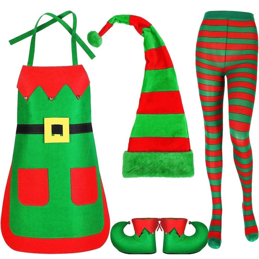 Ugly Sweater Favoshape | Women'S Elf Apron Christmas Costume 4 Pieces Set Green