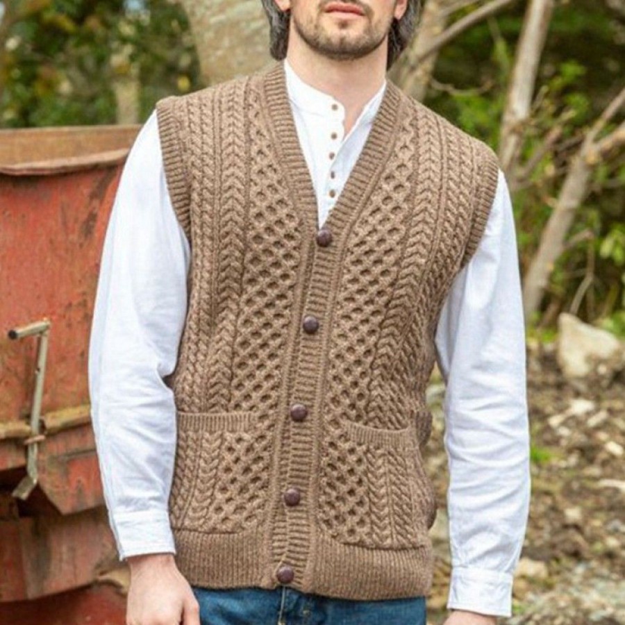 Men'S Favoshape | Men'S Vintage Wool V Neck Cable Knitted Waistcoat Vest Brown