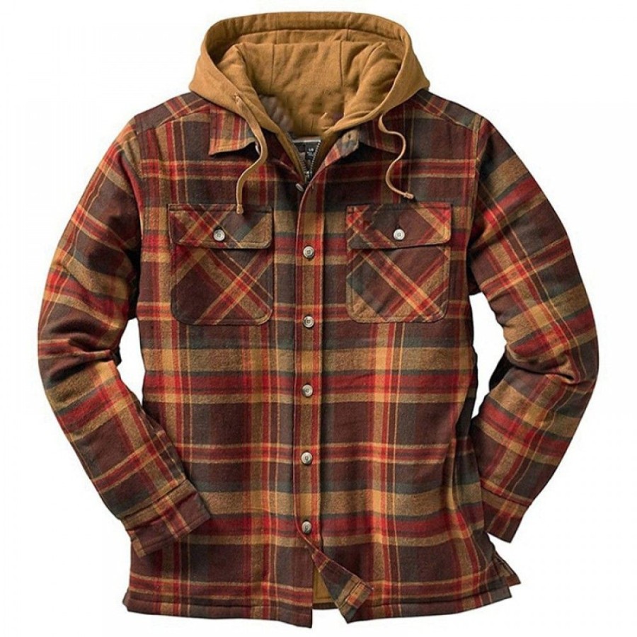 Men'S Favoshape | Men'S Vintage Plaid Button-Up Shirt Lined Zip Up Hooded Thicked Flannel Winter Jacket