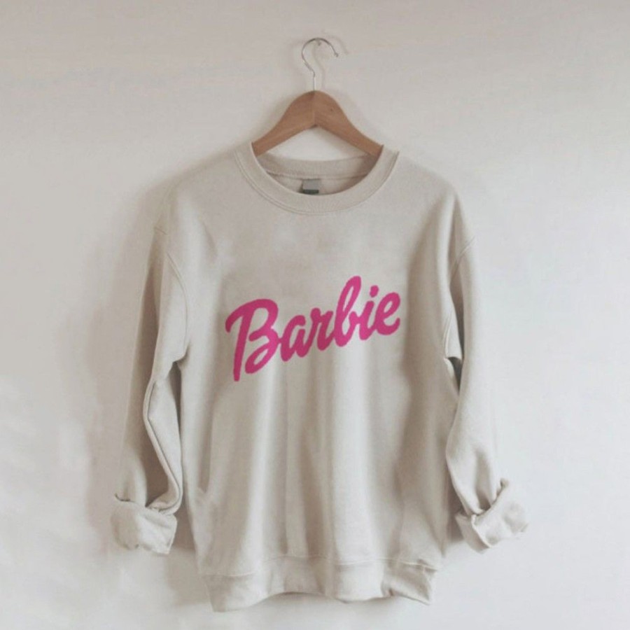 Women'S Favoshape | Women'S Preppy Barbie Printed Crew Neck Sweatshirt Khaki