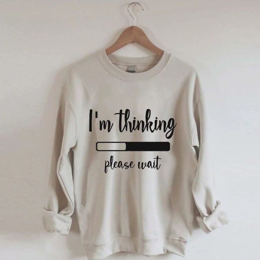 Women'S Favoshape | Women'S I'M Thinking Please Wait Crewneck Sweatshirt Khaki