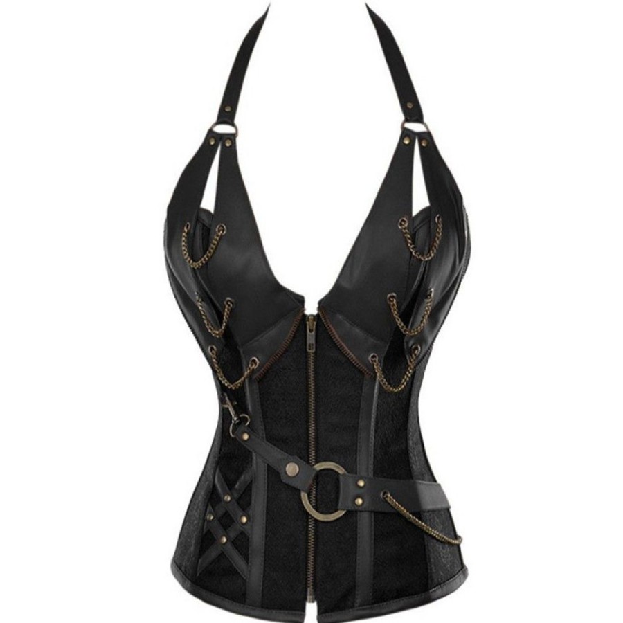 Corsets Favoshape | Victorian Zipper Belt Chain Leather Steampunk Corsets Steampunk Bustier Halter Vest