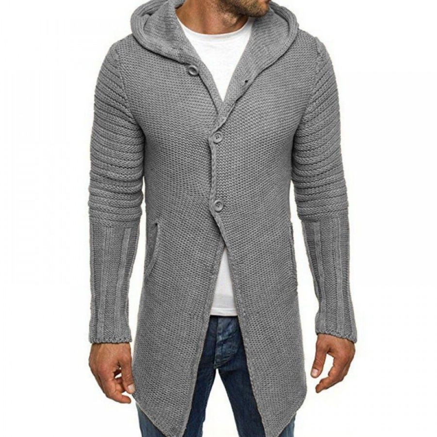 Men'S Favoshape | Men'S Vintage Button-Up Hooded Waffle Knit Long Cardigan