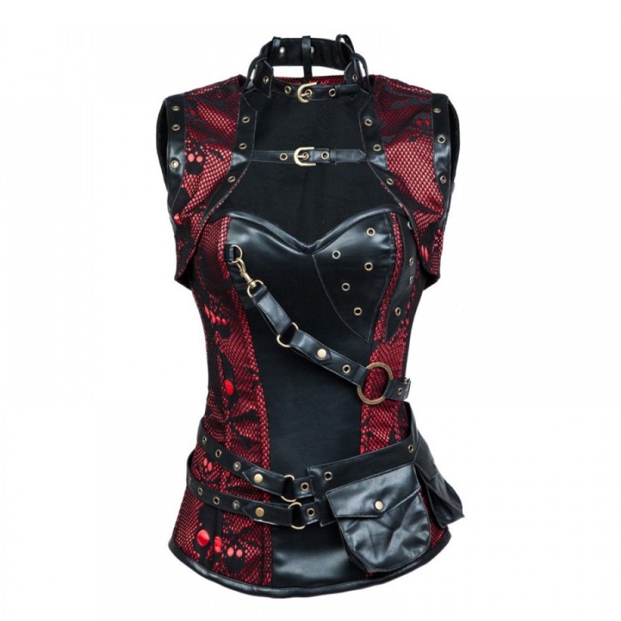 Corsets Favoshape | Women Gothic Overbust Brocade Bustiers Steampunk Steel Boned Corset Jacket Red