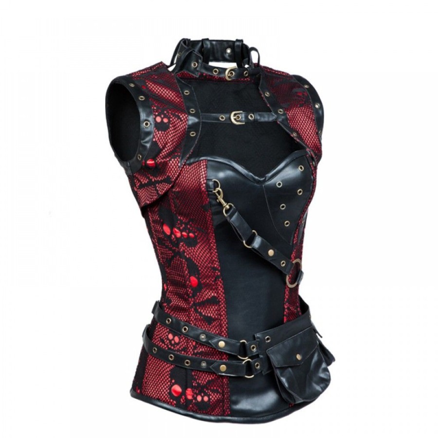 Corsets Favoshape | Women Gothic Overbust Brocade Bustiers Steampunk Steel Boned Corset Jacket Red