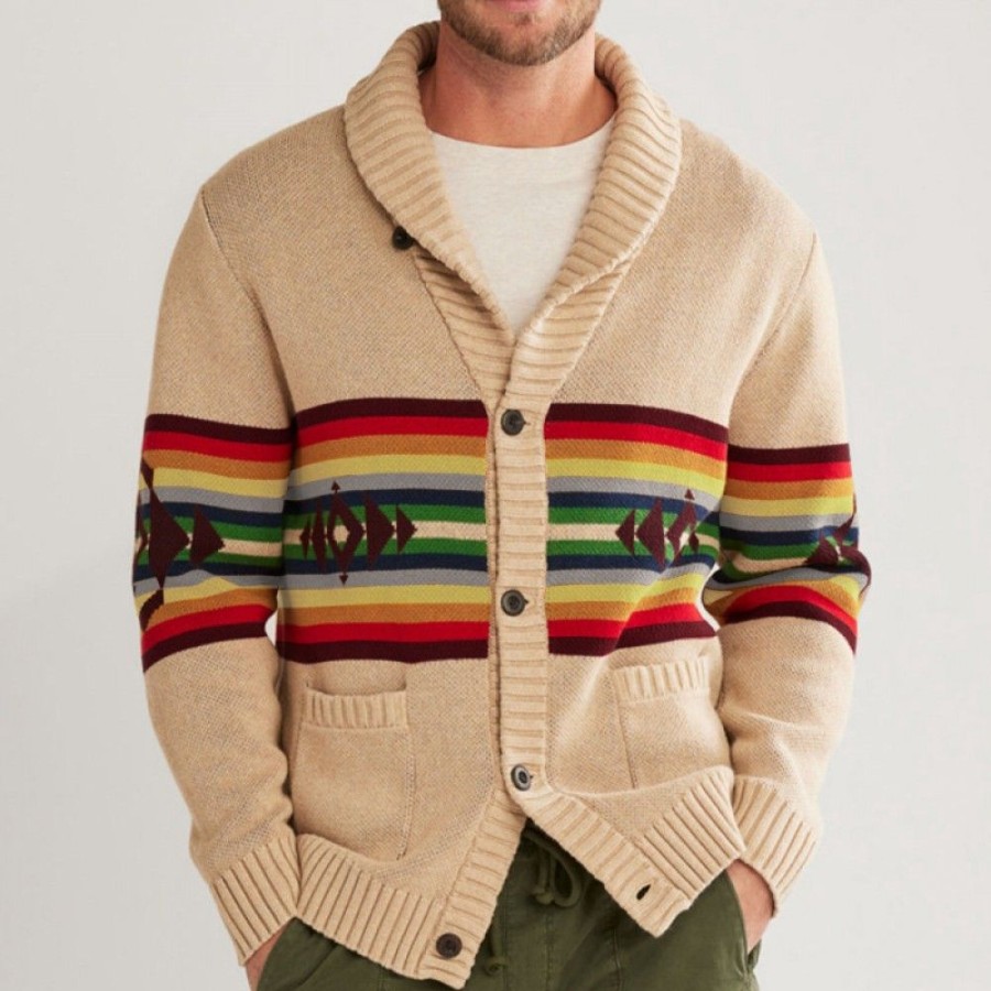 Men'S Favoshape | Men'S Vintage Color Stripe Lapel Alto Mesa Knit Cardigan Khaki