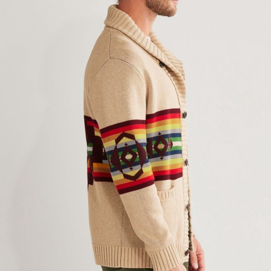 Men'S Favoshape | Men'S Vintage Color Stripe Lapel Alto Mesa Knit Cardigan Khaki