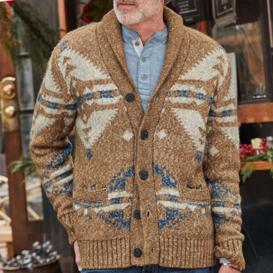 Men'S Favoshape | Men'S Hand-Knit Lapel Button-Up Sweater Vintage Aztec Cardigan