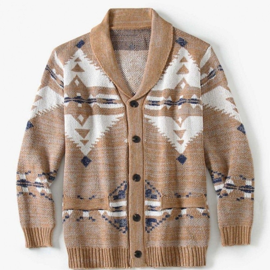 Men'S Favoshape | Men'S Hand-Knit Lapel Button-Up Sweater Vintage Aztec Cardigan