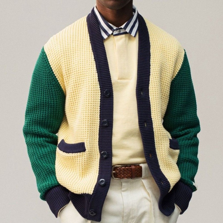 Men'S Favoshape | Men'S Vintage Shawl Collar Button Up Waffle Knit Cardigan Yellow