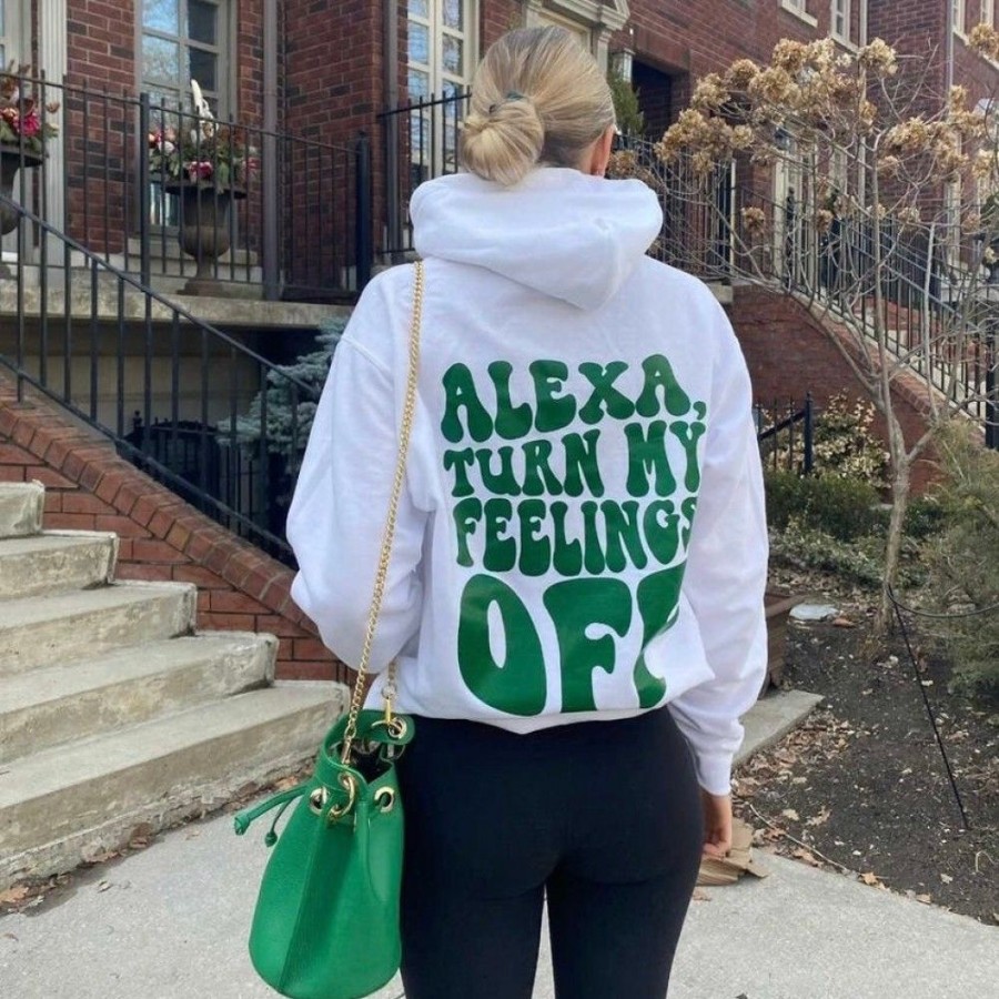 Women'S Favoshape | Women'S Alexa Turn My Feelings Off Printed Hoodie White