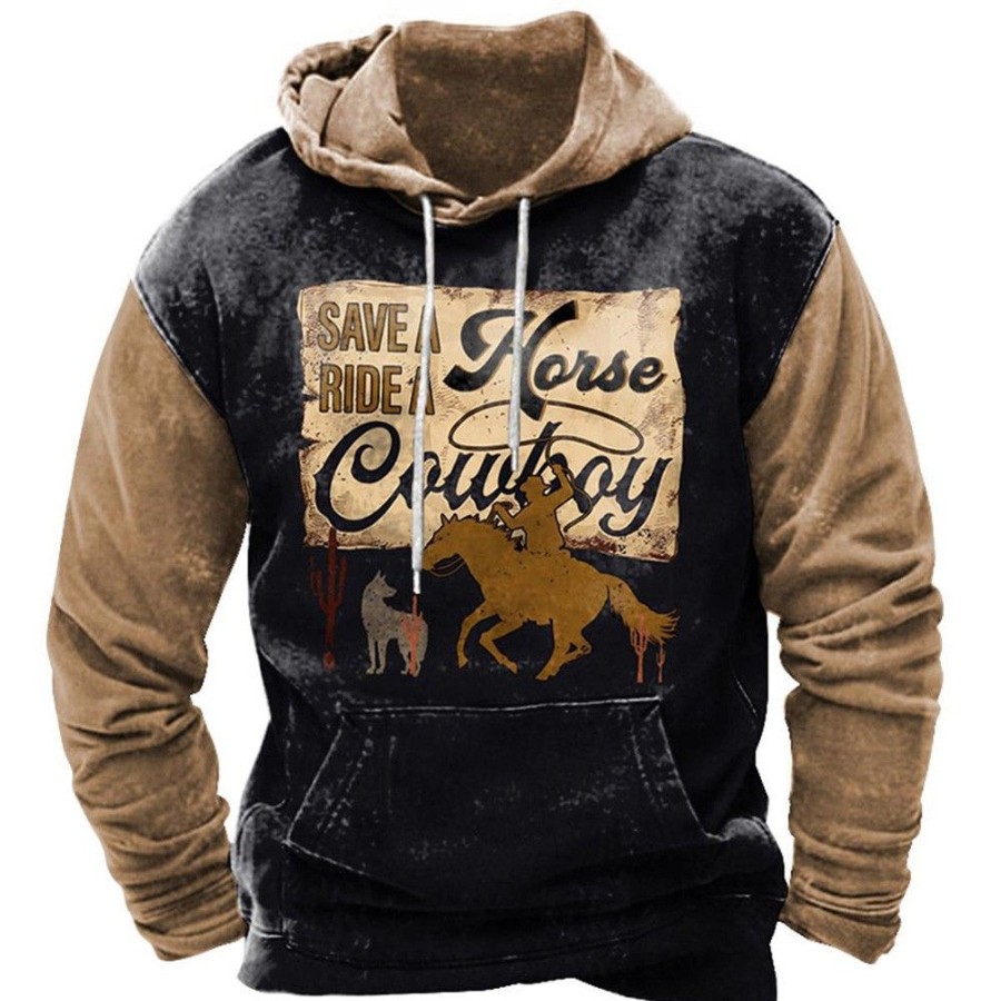 Men'S Favoshape | Men'S Distressed Save A Horse Ride A Cowboy Print Hoodie Black