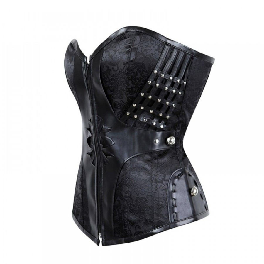 Corsets Favoshape | Women Steampunk Gothic Zipper Strapless Corset Rivet Trim Back Lacing Bustier