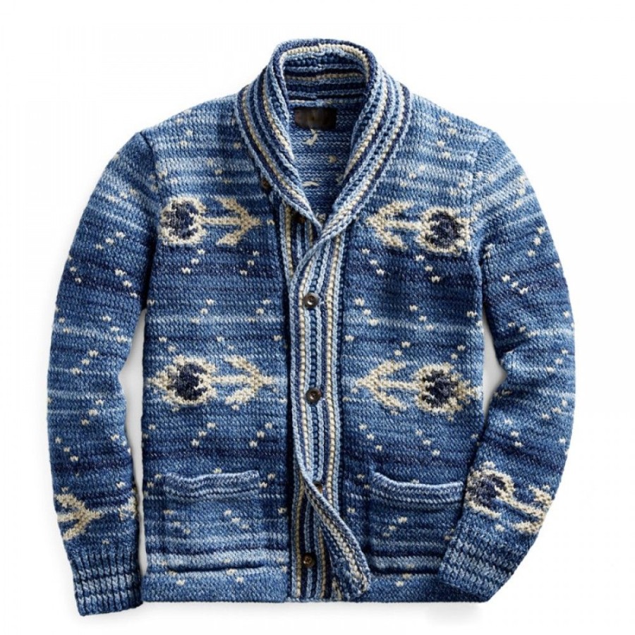 Men'S Favoshape | Men'S Street Style Indigo Tribal Surf Style Hand Knit Shawl Cardigans Blue