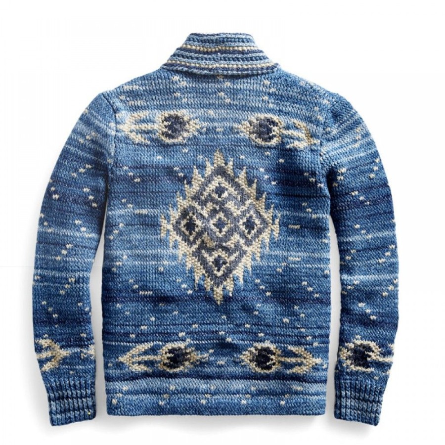 Men'S Favoshape | Men'S Street Style Indigo Tribal Surf Style Hand Knit Shawl Cardigans Blue