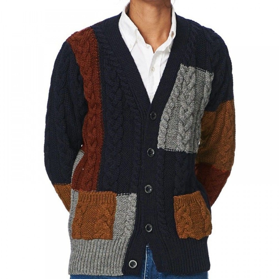 Men'S Favoshape | Men'S Vintage V-Neck Patchwork Cable Knitted Cardigan Navy