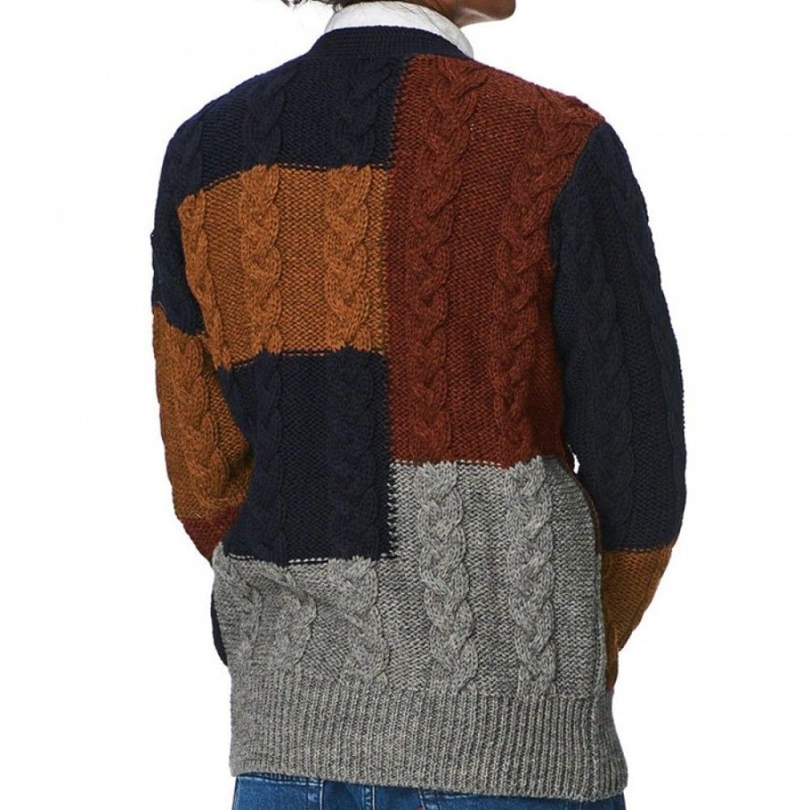 Men'S Favoshape | Men'S Vintage V-Neck Patchwork Cable Knitted Cardigan Navy