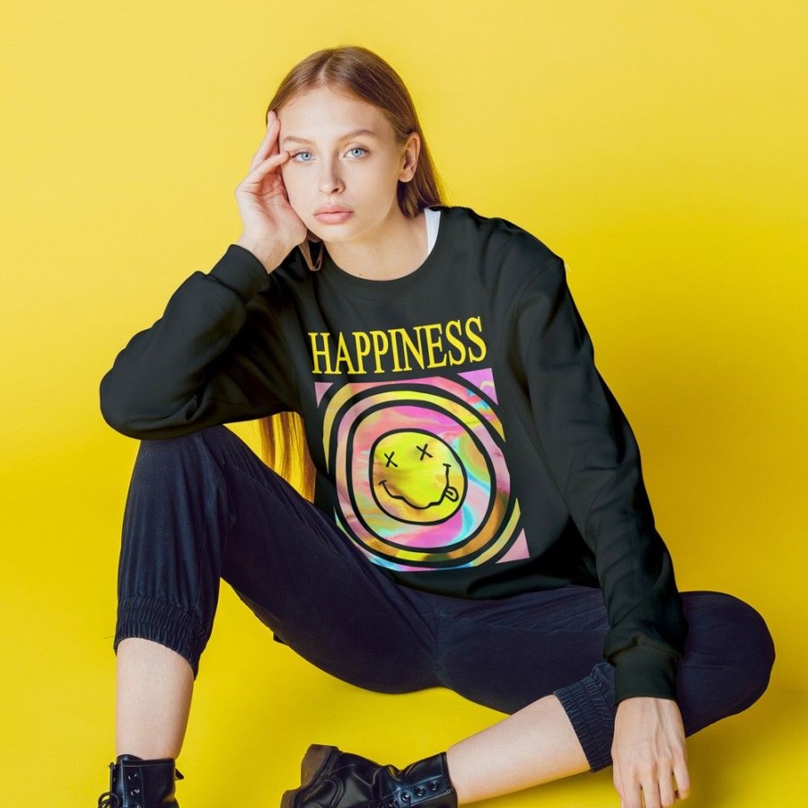 Women'S Favoshape | Women'S Happiness Smiley Face Crewneck Sweatshirts