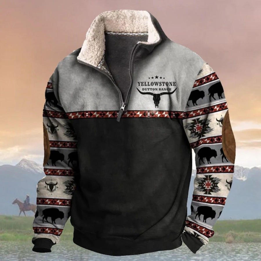 Men'S Favoshape | Men'S Vintage Yellowstone Dutton Ranch Aztec Sleeves Sweatshirt Grey