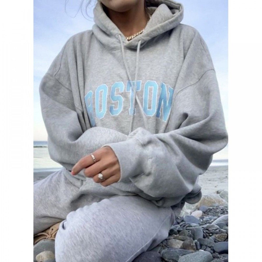 Women'S Favoshape | Women'S Oversized Boston Printed Hoodie Gray