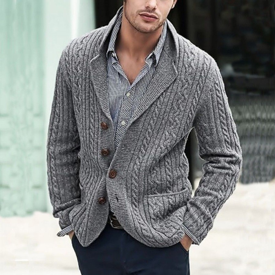 Men'S Favoshape | Men'S Western Cowboy Shawl-Collar Ribbed Cable Knitted Chunky Cardigan