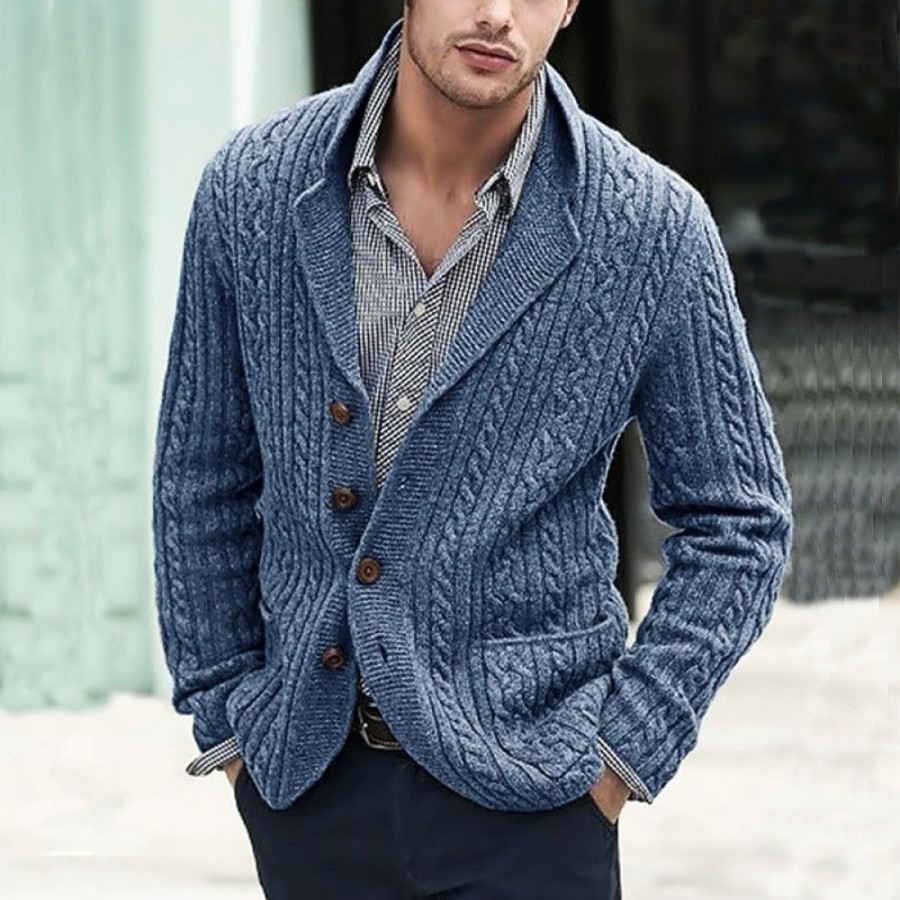 Men'S Favoshape | Men'S Western Cowboy Shawl-Collar Ribbed Cable Knitted Chunky Cardigan