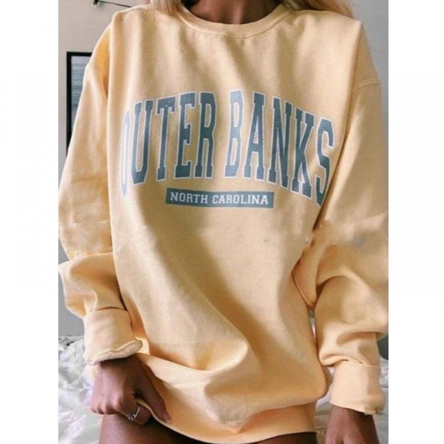 Women'S Favoshape | Women'S Outer Banks North Carolina Printed Crewneck Sweatshirt Yellow