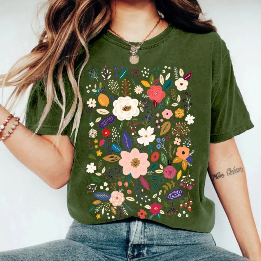 Women'S Favoshape | Women'S Casual Wildflower Graphic Printed T-Shirt Green