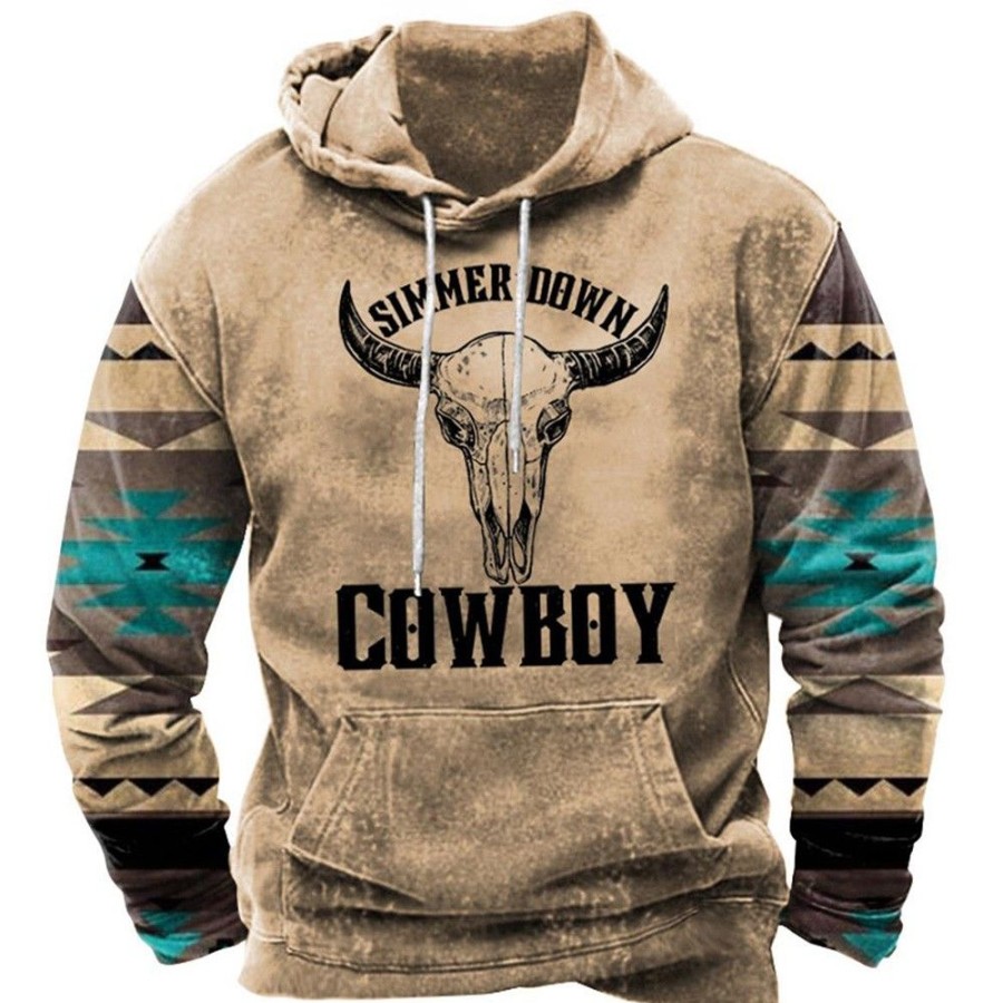 Men'S Favoshape | Men'S Simmer Down Cowboy Print Drop Shoulder Hoodie Khaki