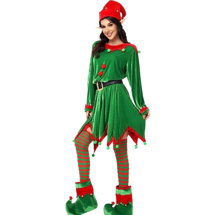 Ugly Sweater Favoshape | Women'S Christmas Elf Cosplay 6 Pack Set Velet Santa'S Helper Costume Dress Green