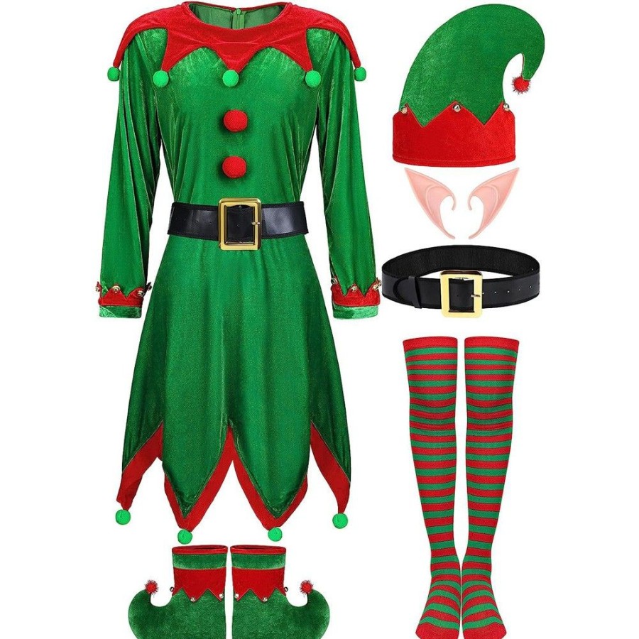 Ugly Sweater Favoshape | Women'S Christmas Elf Cosplay 6 Pack Set Velet Santa'S Helper Costume Dress Green