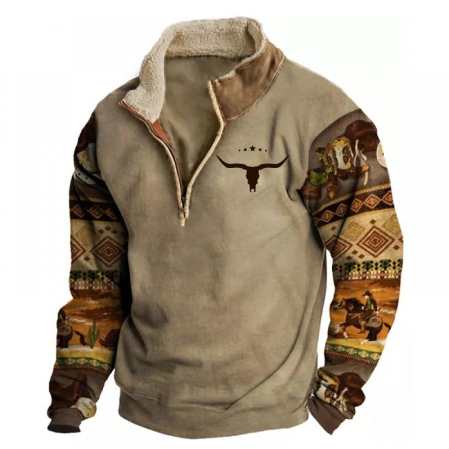 Men'S Favoshape | Men'S Ethnic Cowboy Zip Collar Polo Sweatshirt