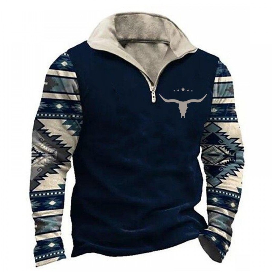 Men'S Favoshape | Men'S Ethnic Cowboy Zip Collar Polo Sweatshirt