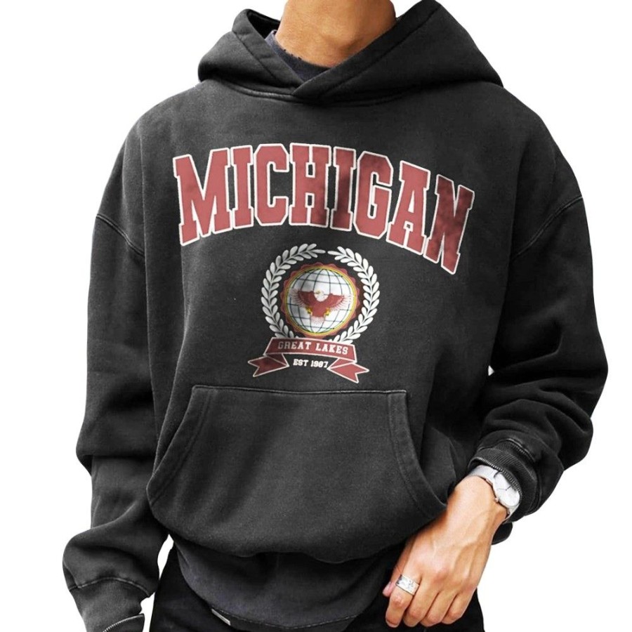 Men'S Favoshape | Men'S Oversized Michigan Great Lakes Est 1987 Hoodie Black